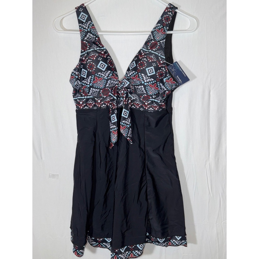 Summer Mae Women's One Piece Swimsuit Tummy Control Black Tribal Print V-Neck